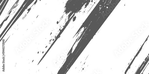Abstract black and white ink splatter with diagonal brush strokes, grunge texture, paint drips and splashes on a light background, dynamic artistic pattern, minimalist monochrome design vector.