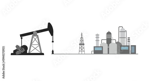 Oil pump jack and industrial refinery processing plant with pipelines
