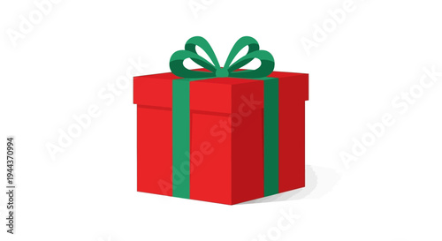 Red Gift Box with Green Ribbon and Bow, Isolated on White, Celebration Present