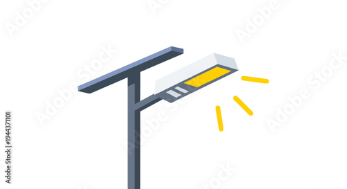 Modern Solar Street Light with Glowing Yellow Light on White Background