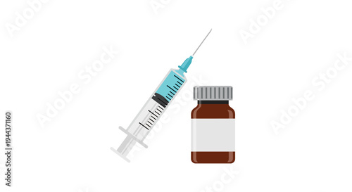 Medical Syringe with Blue Liquid and Medicine Vial on White Background