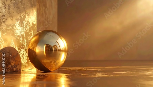 Glossy golden sphere on warm bronze background with abstract sun beam light and copy space