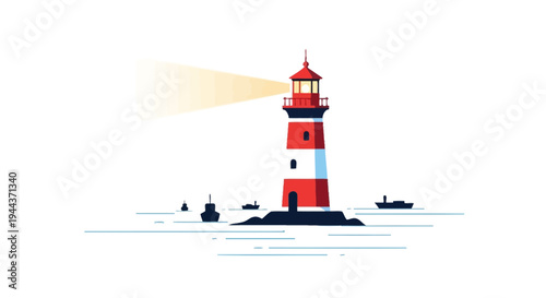 Lighthouse guiding ships at sea with bright beam on white background