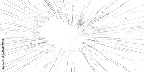 Abstract radial explosion with ink splatter lines bursting from the center, high-contrast black and white, dynamic motion, vintage grunge texture vector illustration, minimalist background.