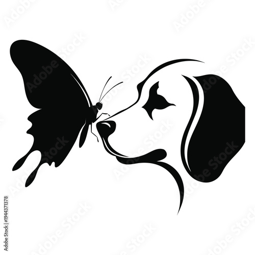 Minimalist illustration of dog and butterfly in black silhouette isolated on White Background