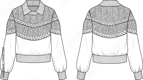 Cable knit polo sweater front and back view, CAD drawing flat vector illustration, fashion technical sketch, winter knitwear apparel design template.