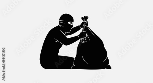 Silhouette of a burglar in a mask holding a large sack of loot, crime concept