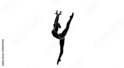 Silhouette of a flexible gymnast performing a split leap with arms raised, isolated on white