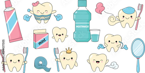 Cute Dental Care Cartoon Vector Set with Tooth Characters, Toothbrush, Mouthwash, Toothpaste and Oral Hygiene Elements for Kids Dentistry Illustration Design