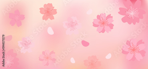Pink cherry blossom flower branches, buds and leaves set, sakura illustration with petals, Japanese spring floral background for pattern and frame design.