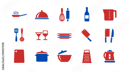 Kitchen and cooking icons including pots, pans, bottles, utensils, and food preparation tools.