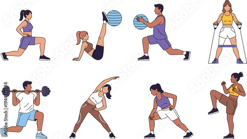 Fitness Workout Exercise Vector Character Set with People Training, Stretching, Lunges, Dumbbells and Resistance Band Activities in Modern Flat Cartoon Illustration Style