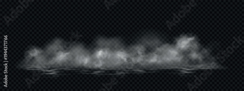 Mysterious smoke clouds on floor. Fog and mist isolated on black transparent background