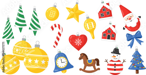 Christmas Ornament Vector Set with Santa, Snowman, Baubles, Candy Cane, Holiday Trees and Festive Decorations in Cute Cartoon Illustration Style