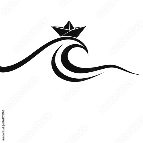 Minimalist illustration of a paper boat on a wave Energetic isolated on White Background