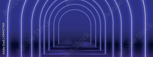 Neon light tunnel on blue background. Glowing perspective corridor with neon stairs and smokes on dark backdrop