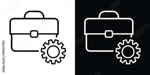 Professional outline icon of a briefcase with a gear symbol. Represents business management, work process optimization, and corporate strategy in a clean black and white vector style.