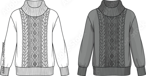 Cable knit turtleneck sweater set, CAD drawing flat vector illustration, winter pullover fashion technical sketch, cozy knitwear garment apparel design template.