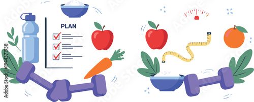 Healthy Lifestyle Fitness Vector Illustration Set with Dumbbells, Fresh Fruits, Vegetables, Water Bottle and Diet Plan Elements in Modern Flat Cartoon Style