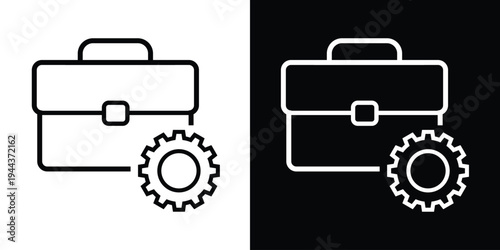 Professional outline icon of a briefcase with a gear symbol. Represents business management, work process optimization, and corporate strategy in a clean black and white vector style.