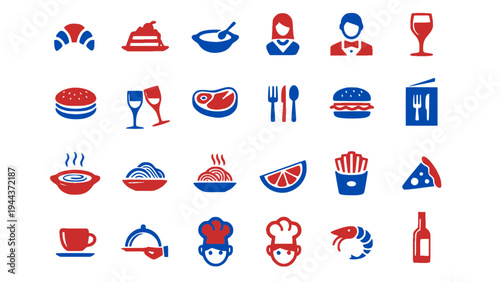 Restaurant icon collection including meals, drinks, chef symbols, and food service items.
