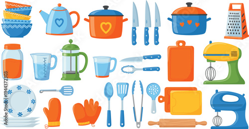 Kitchen Cooking Utensils Vector Set with Pots, Knives, Mixer, Cutting Boards, Teapot and Baking Tools in Colorful Cartoon Illustration Style for Home Kitchen Design
