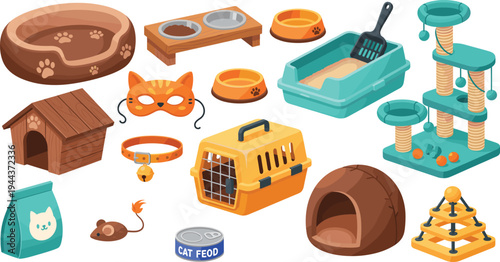 Pet Care Accessories Vector Set with Cat Bed, Litter Box, Carrier, Scratching Post, Food Bowl and Animal Supplies in Cute Cartoon Illustration Style