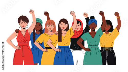 Diverse women crowd group raising fists in unity, symbolizing strong power and strength across ethnicity in a modern flat vector illustration.