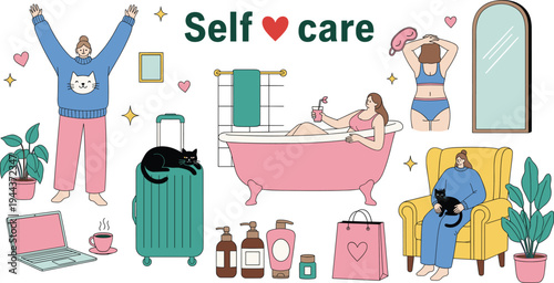 Self Care Lifestyle Vector Illustration Set with Relaxing Woman, Bath Time, Skincare Products, Cozy Home Moments and Wellness Activities in Cute Cartoon Style