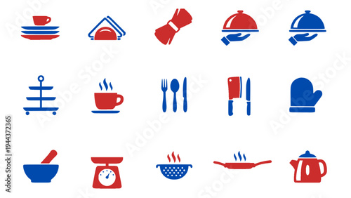 Kitchen equipment icon set including plates, utensils, teapot, cooking tools, and restaurant supplies.