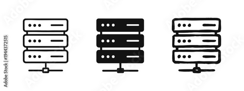 Server rack icon set. Data center and network storage hardware symbol in various styles.