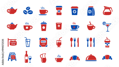 Food service icon set including kitchen tools, beverages, restaurant items, and cooking equipment