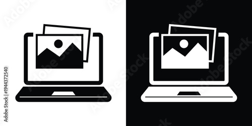 Minimalist vector icon of a laptop computer with a landscape photograph on the screen. Concept for mobile photo editing, portfolio display, and digital gallery software.