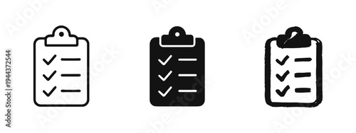 Checklist clipboard icon set. Task completed, to-do list or survey symbol in different styles.