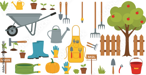 Gardening Tools and Farm Elements Vector Set with Wheelbarrow, Watering Can, Plants, Apple Tree and Garden Equipment in Cute Flat Cartoon Illustration Style