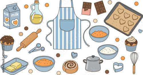 Baking and Pastry Cooking Vector Set with Apron, Rolling Pin, Ingredients, Cupcakes and Kitchen Utensils in Cute Cartoon Style for Homemade Dessert Designs