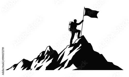 Man Standing on Mountain Peak with Flag Minimal Illustration
