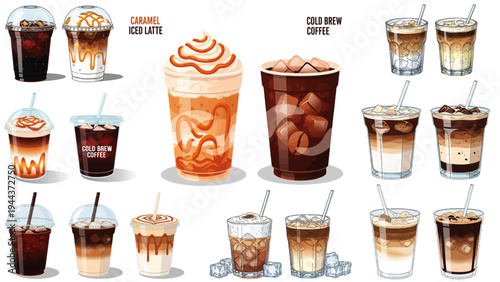 Vector illustration of assorted iced coffee drink varieties in clear cups, showcasing refreshing cafe beverages, creamy layers, and cold brew styles.