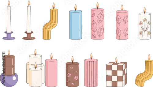 Pastel Decorative Candle Collection with Modern Abstract Shapes, Floral Patterns and Minimal Aesthetic Burning Candles Vector Illustration Set for Home Decor Design