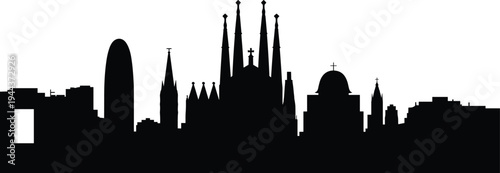 Silhouette of Barcelona city skyline featuring Sagrada Família, Torre Glòries, Cathedral of Barcelona, and modern architectural landmarks
