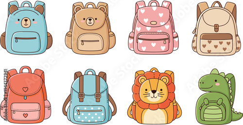 Cute Kids Backpack Vector Illustration Set with Animal School Bags, Bear, Lion, Dinosaur, and Heart Pattern Cartoon Student Accessories