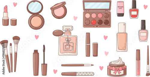 Makeup Cosmetics Vector Illustration Set with Lipstick, Perfume, Nail Polish, Brushes, Eyeshadow Palette, and Beauty Fashion Accessories Collection