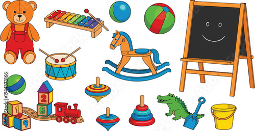 Kids Toys Vector Illustration Set with Teddy Bear, Rocking Horse, Drum, Blackboard, Blocks, Train, Ball, and Educational Play Elements