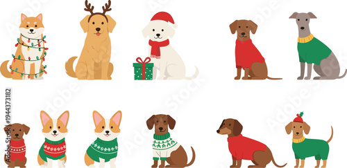 Cute Christmas Dogs Vector Illustration Set with Sweaters, Santa Hat, Gift Box, and Festive Holiday Pet Characters Collection