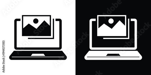 Minimalist vector icon of a laptop computer with a landscape photograph on the screen. Concept for mobile photo editing, portfolio display, and digital gallery software.