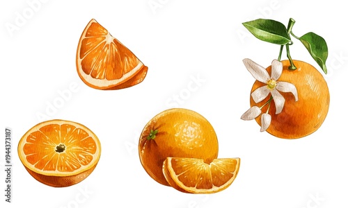 Various orange fruits cut and whole with flowers on white background