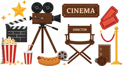Cinema Movie Theater Vector Illustration Set with Film Camera, Director Chair, Popcorn, Tickets, Clapperboard, and Hollywood Entertainment Elements