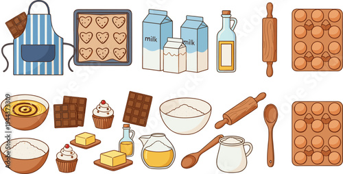 Baking Ingredients and Kitchen Tools Vector Illustration Set with Apron, Rolling Pin, Butter, Milk, Flour, Cupcakes, and Homemade Dessert Elements