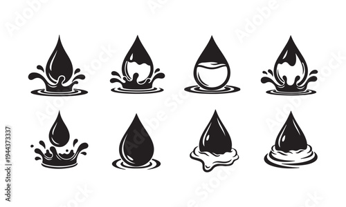 Set of black oil drops and splashes, collection of liquid crude oil or petroleum elements, water drops and ink blobs