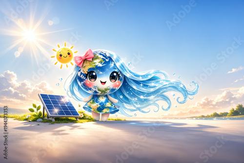 Cartoon earth girl with solar panel and smiling sun